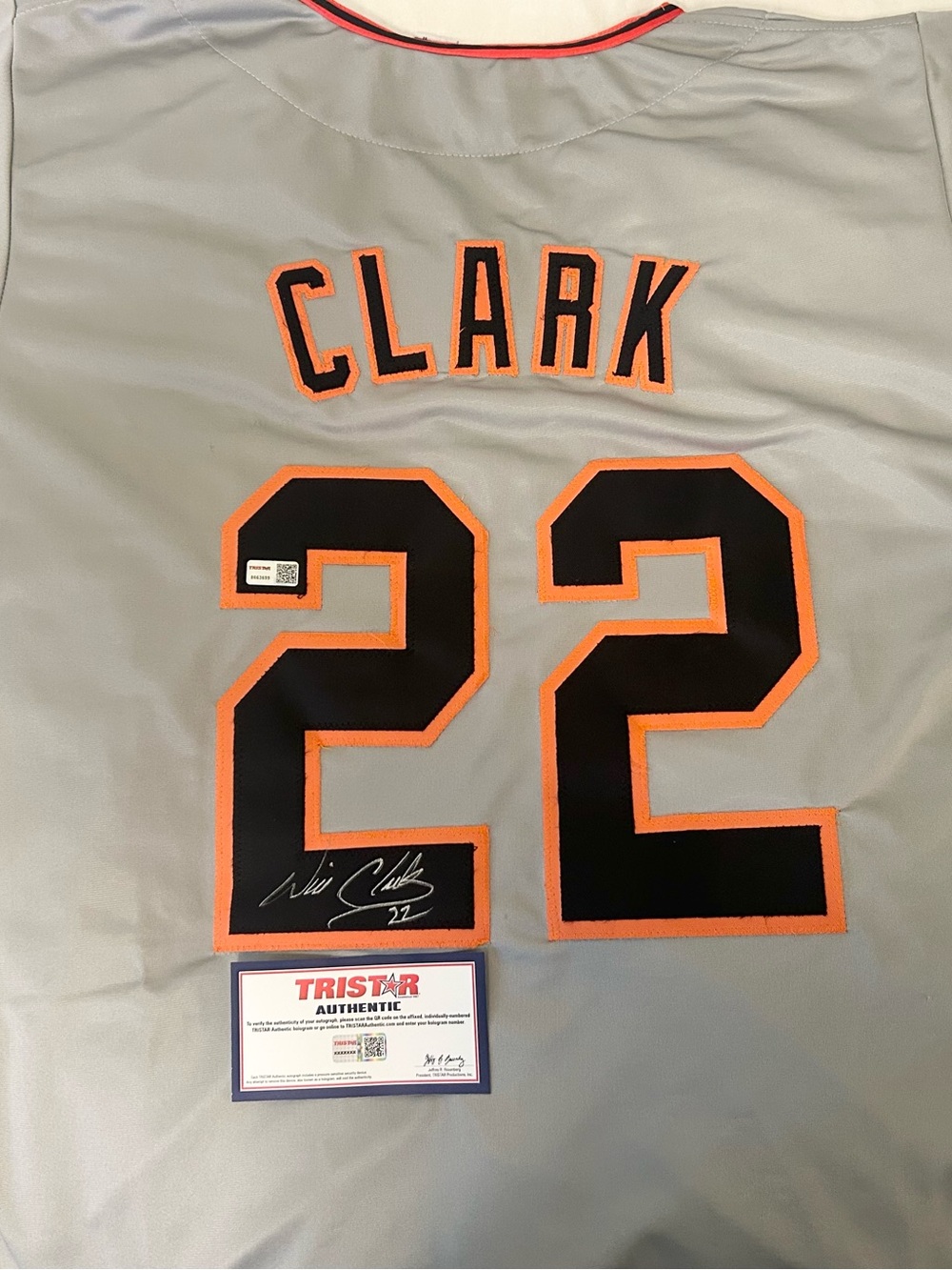 Signed Clark #22 Gray Baseball Jersey with Black & Orange Accents
